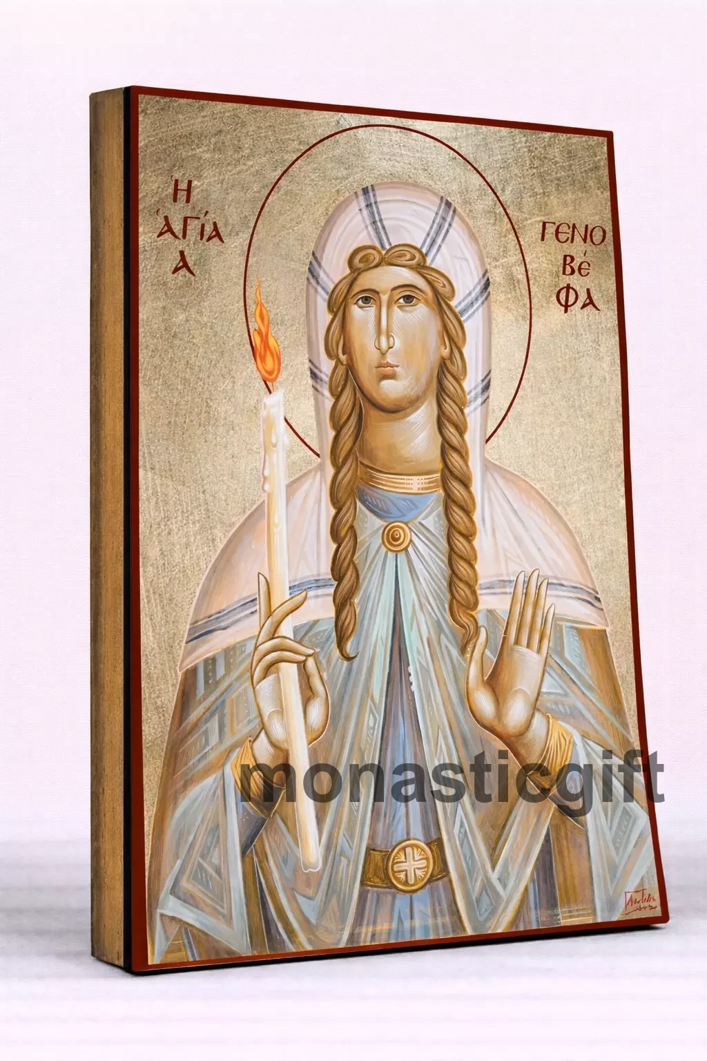 Saint Genevieve Byzantine Icon – Handmade Wooden Orthodox Icon on Gold Silk Canvas, Various Sizes