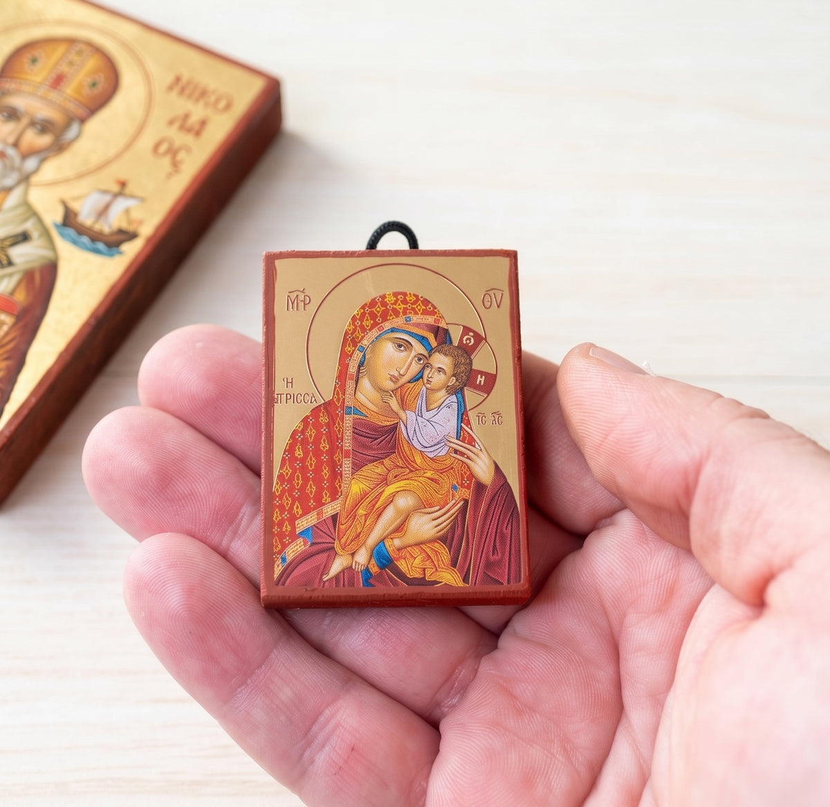 Virgin Mary Giatrissa miniature handcrafted Byzantine wooden pocket icon and compact altar keepsake 4.2 x 5 cm 1.65 x 1.96 in made in Greece