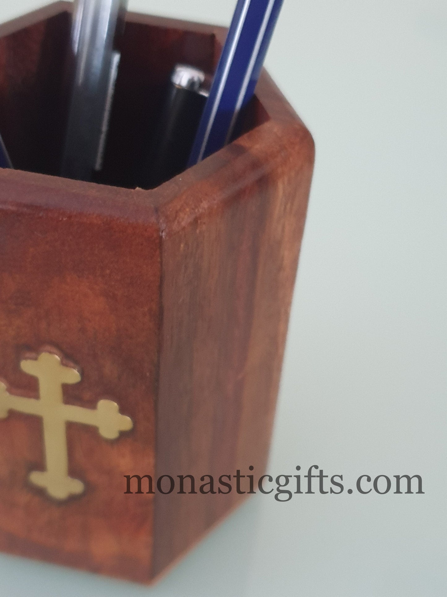 Handmade wooden pencil case with Christian Cross and metallic elements