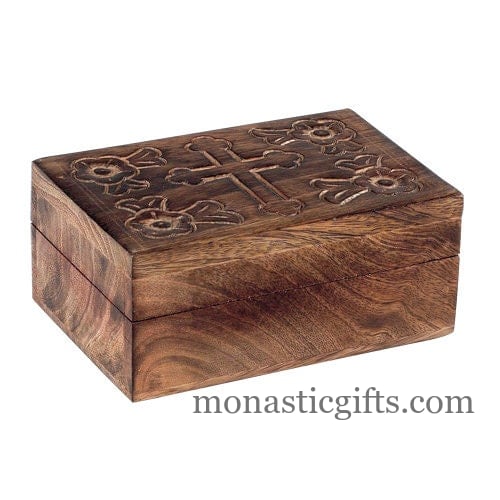 Handmade Orthodox hand-carved solid walnut wood keepsake box with intricate rustic lid carvings and a protective clear varnish.