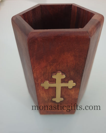 Handmade wooden pencil case with Christian Cross and metallic elements