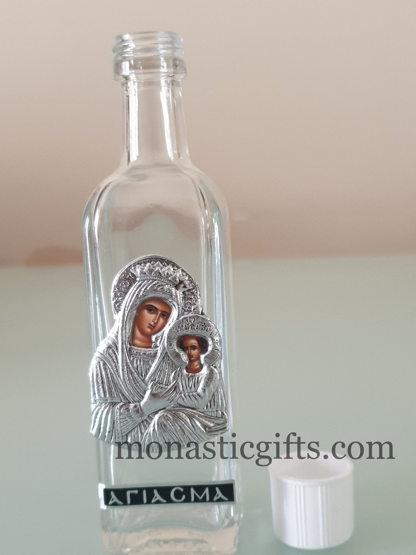 Holy Water Glass  Bottle With colored silver Theotokos Icon and  screw cap Orthodox Gift