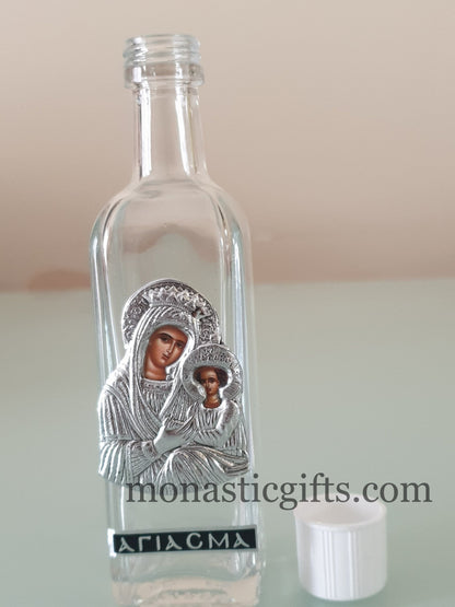 Holy Water Glass  Bottle With colored silver Theotokos Icon and  screw cap Orthodox Gift