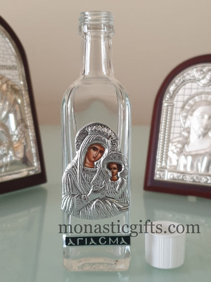 Holy Water Glass  Bottle With colored silver Theotokos Icon and  screw cap Orthodox Gift