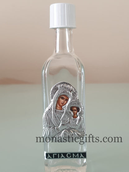 Holy Water Glass  Bottle With colored silver Theotokos Icon and  screw cap Orthodox Gift