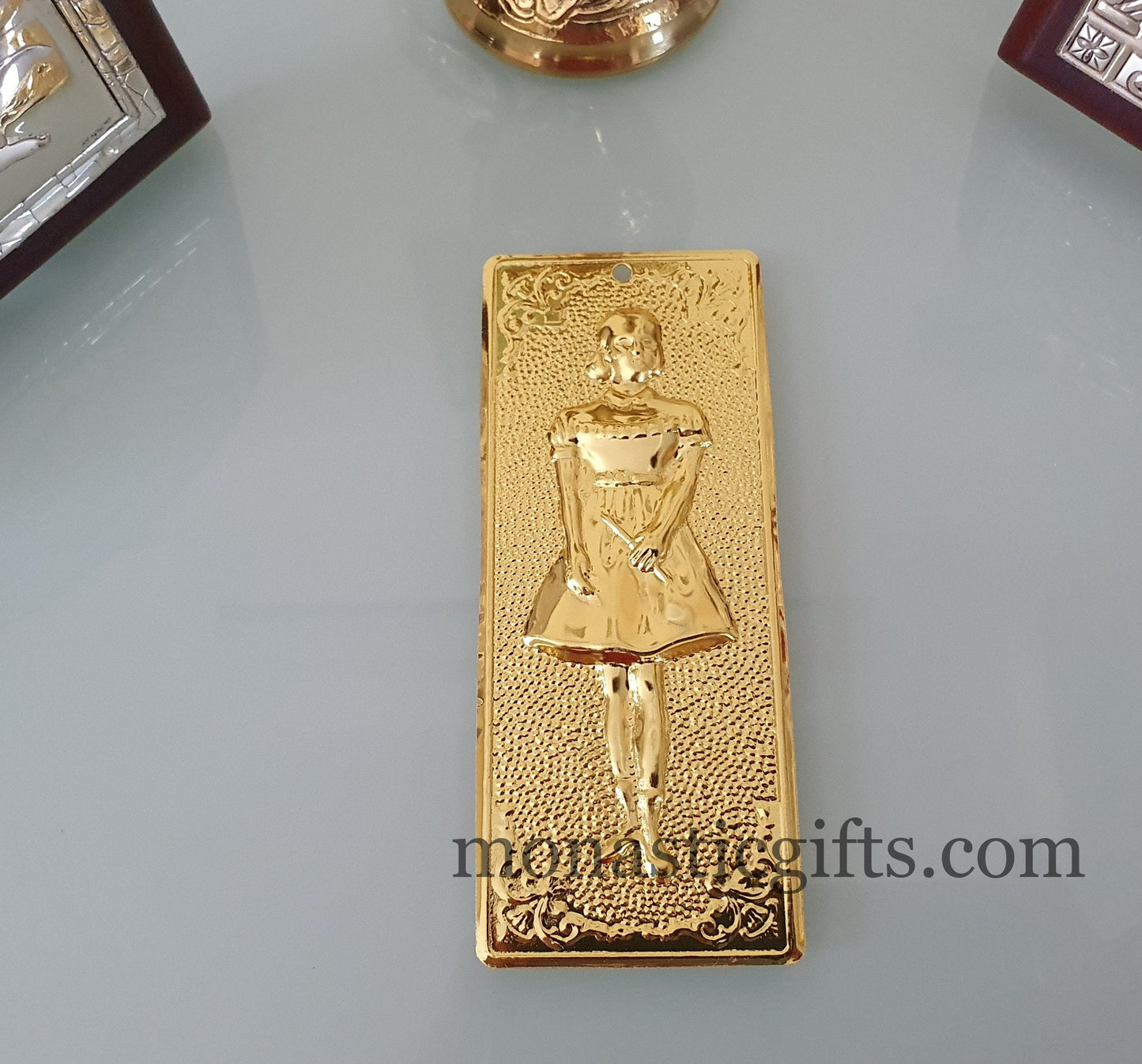 tama votive offering "Girl" votive, Gold Colored Byzantine Greek Eastern Orthodox Promise Icon, Ex Voto