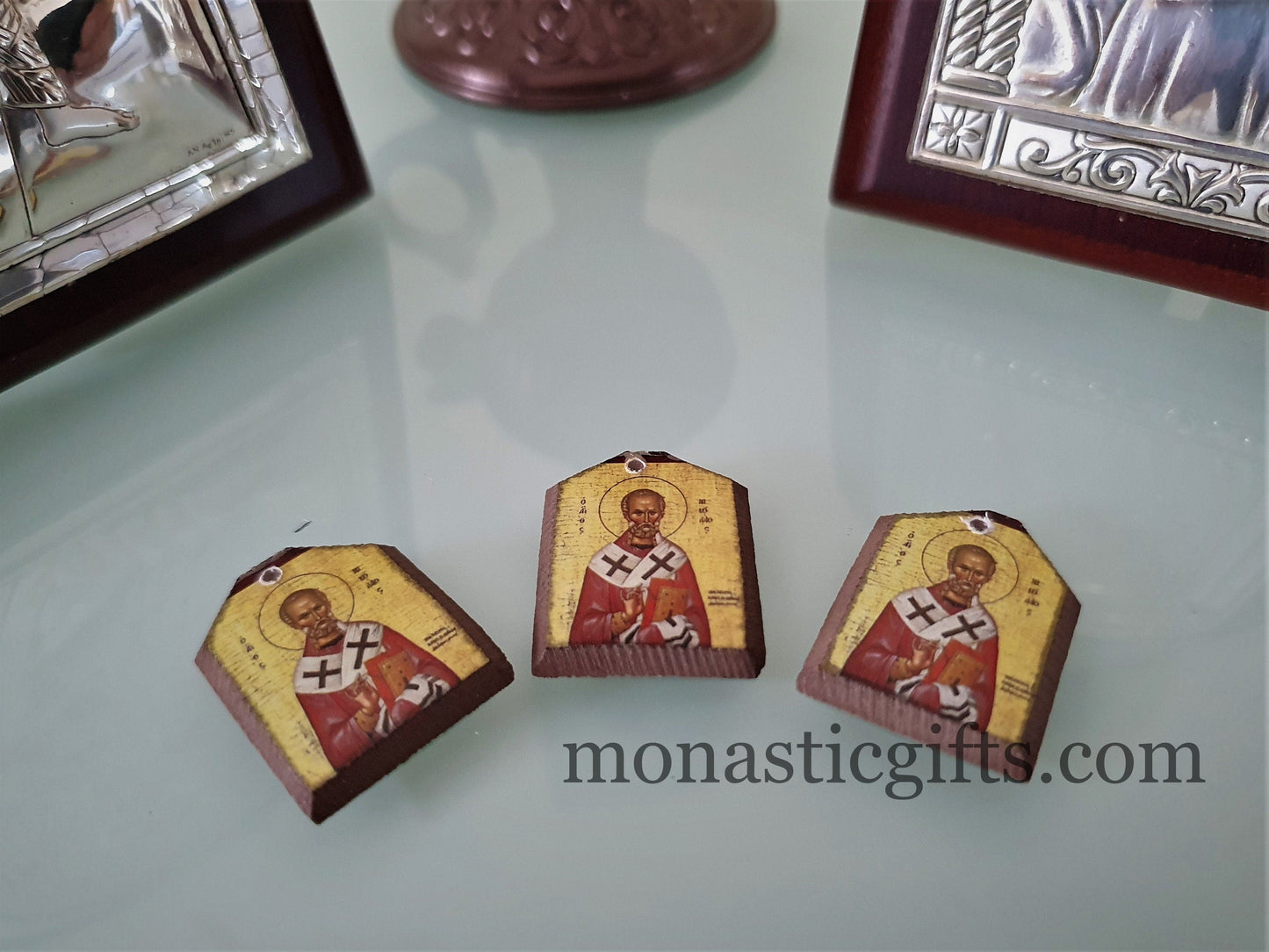 Tiny icon Saint Nicholas 3pcs - Wood  Byzantine Christian  Tiny Orthodox Icon amazing idea to make orthodox Christians gifts