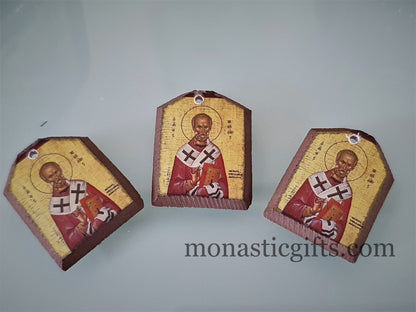 Tiny icon Saint Nicholas 3pcs - Wood  Byzantine Christian  Tiny Orthodox Icon amazing idea to make orthodox Christians gifts