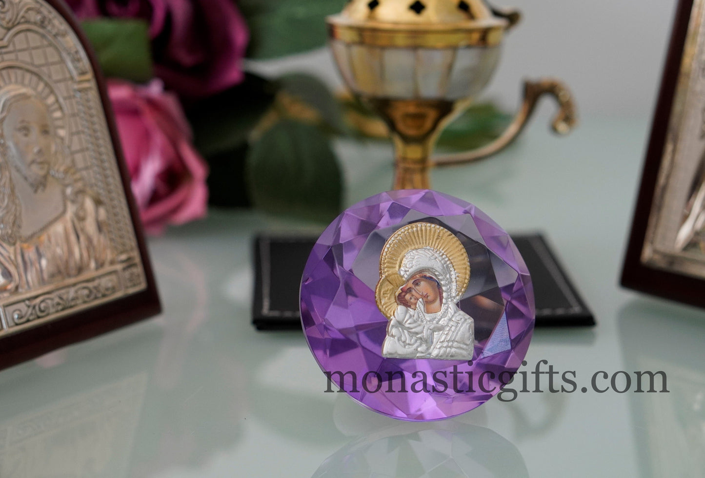 Virgin Mary Icon with Jesus  on  round stained glass Religious Gifts, Baptism Gift, Religious Art, New Mother  Orthodox Christian Gift