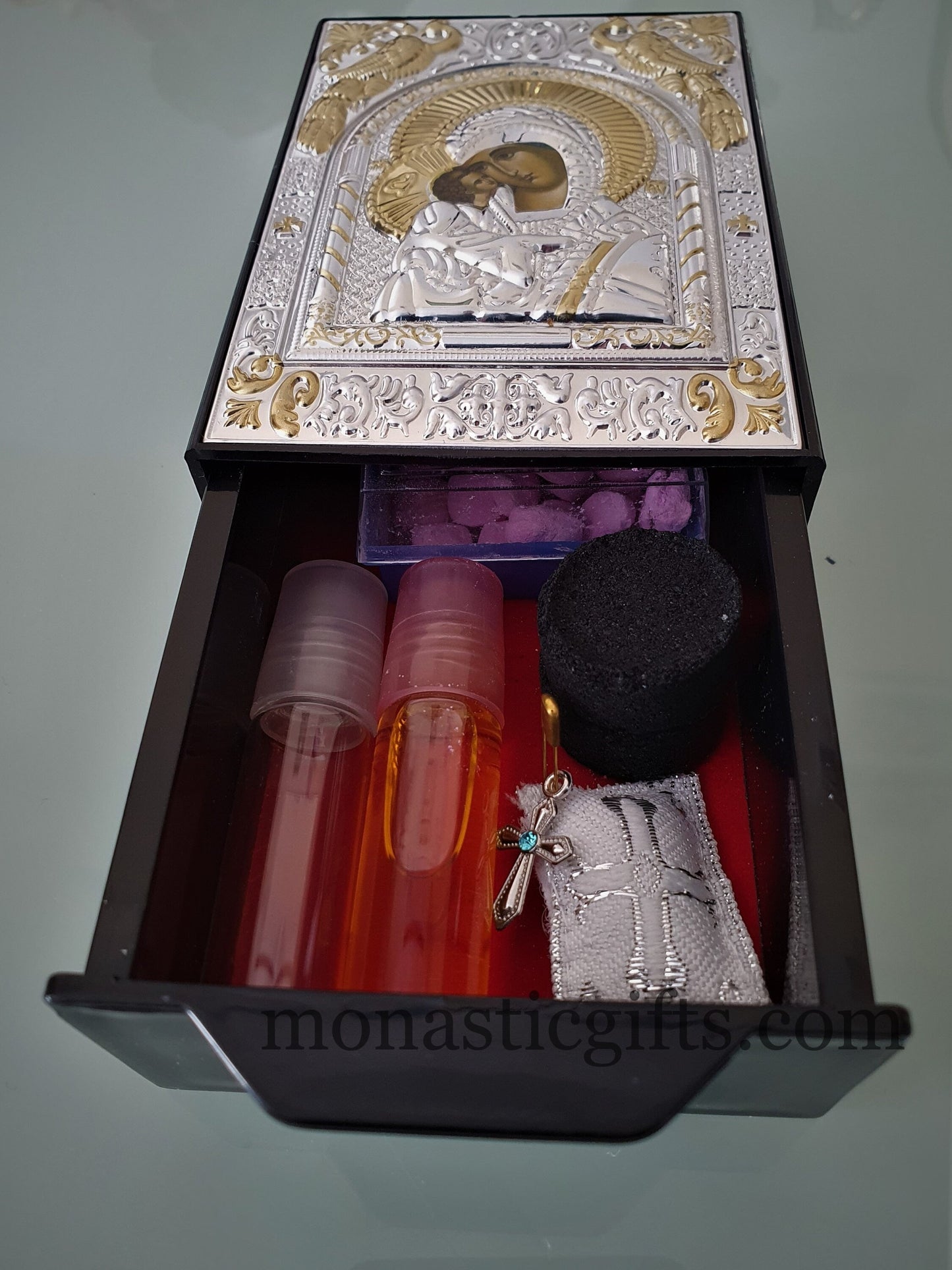 Orthodox Special Box with icon of Mother of God and Myrrh oil-incense -Charcoals-amulet-empty Glass for Holy water A perfect idea for Gift