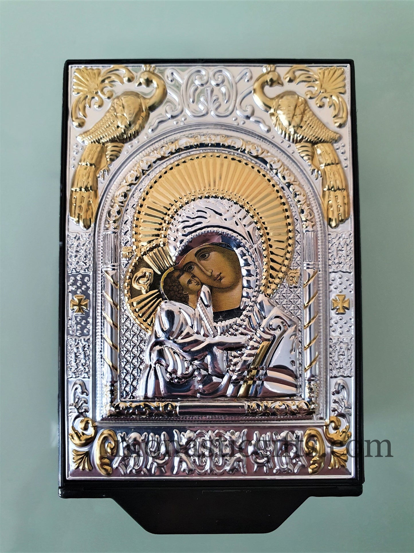 Orthodox Special Box with icon of Mother of God and Myrrh oil-incense -Charcoals-amulet-empty Glass for Holy water A perfect idea for Gift