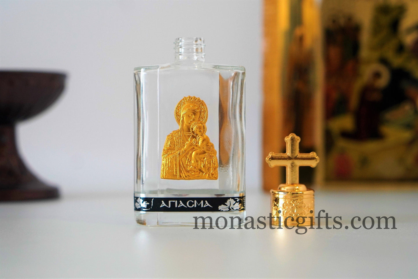Orthodox Holy Water Glass Bottle with Gold-Tone Theotokos Icon — Rounded Corner Travel Flask with Cross Screw Cap