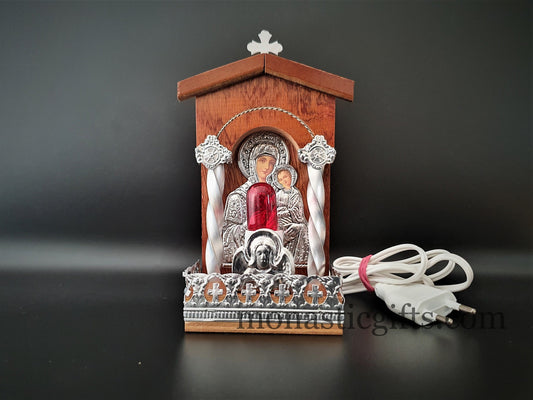 Traditional Orthodox  Handmate Wooden electric candle with icon and Light Coloured Silver Plated Home Decor Wall a perfect Christian  Gift