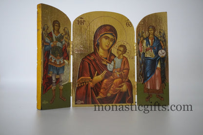 Triptych wooden Icon with Virgin Mary and Archangels Gabriel and Michael  , Greek Orthodox Icon , Orthodox Gift