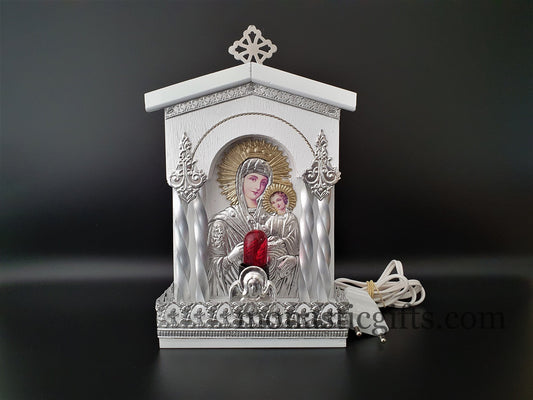 Traditional Orthodox Handmate  Wooden White (big) electric candle with icon and Light Colored Silver Plated a perfect Christian  Gift