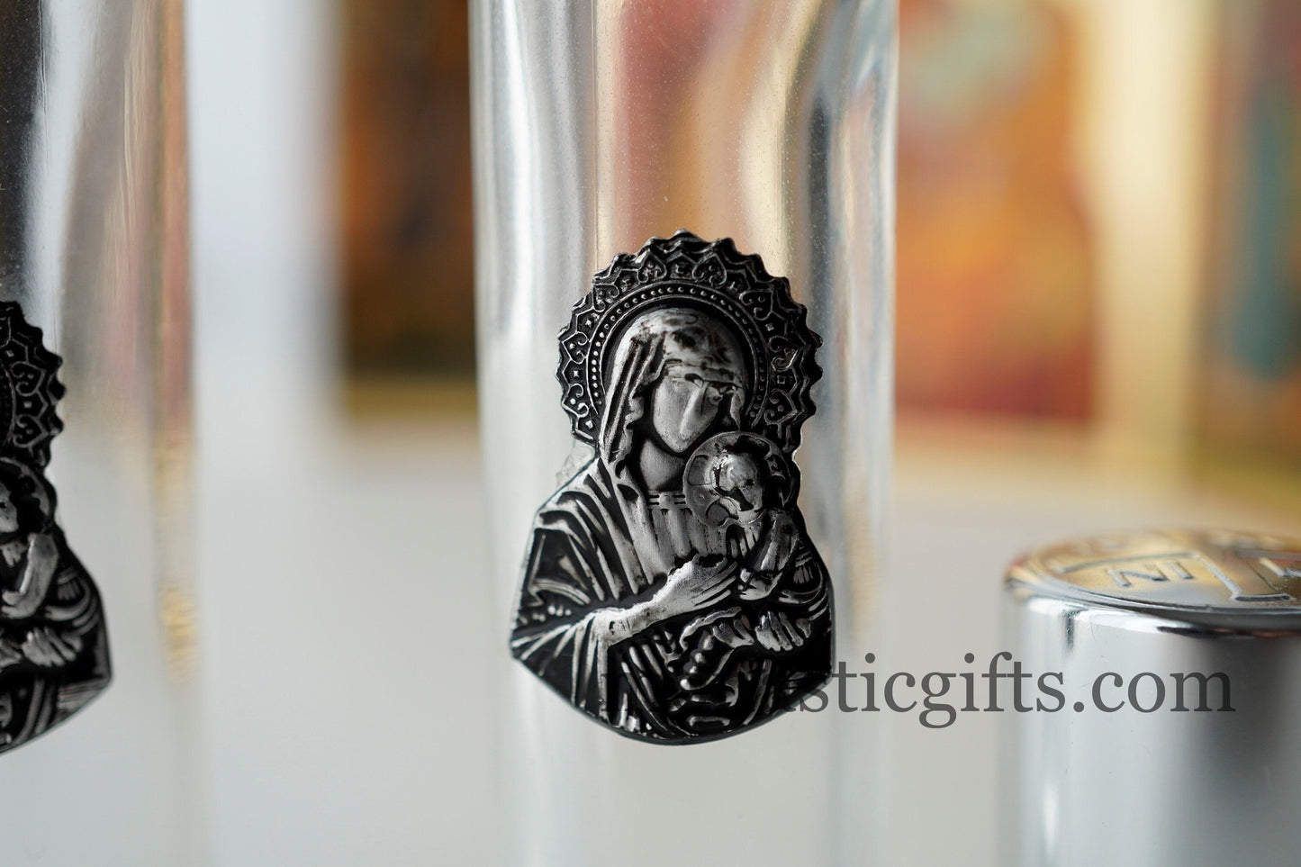 Holy Water Glass  Bottle 2pcs With roll on , metal Theotokos Icon and  screw cap with cross Orthodox Gift