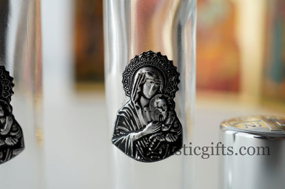 Holy Water Glass  Bottle 2pcs With roll on , metal Theotokos Icon and  screw cap with cross Orthodox Gift