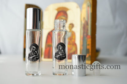 Holy Water Glass  Bottle 2pcs With roll on , metal Theotokos Icon and  screw cap with cross Orthodox Gift