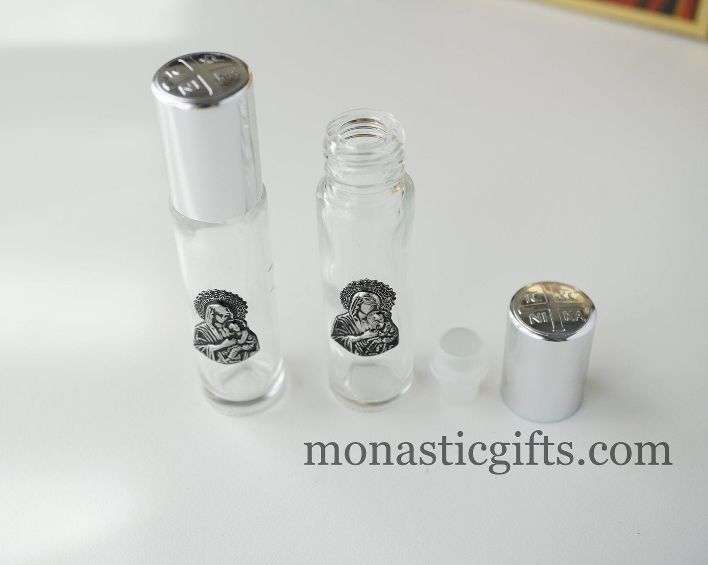 Holy Water Glass  Bottle 2pcs With roll on , metal Theotokos Icon and  screw cap with cross Orthodox Gift