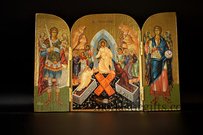 Triptych wooden Icon with Resurrection of Jesus Christ With Archangels Michael and the Holy Theotokos , Greek Orthodox Icon