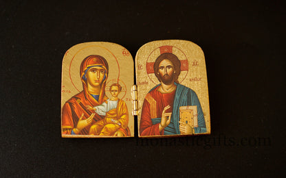 Diptych small  wooden Icon with the Jesus Christ  the Holy Theotokos , Greek Orthodox Icon , Home Decor,Orthodox Gift