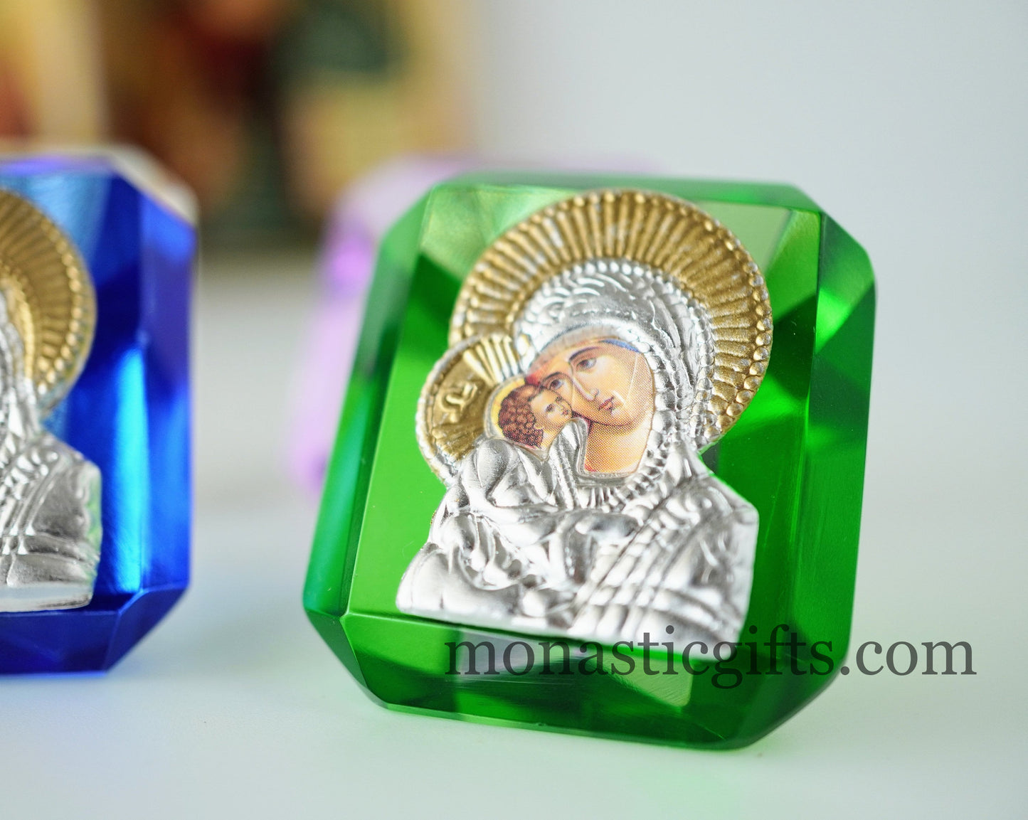 Virgin Mary Icon with Jesus  on small stained glass Religious Gifts, Baptism Gift, Religious Art, New Mother  Orthodox Christian Gift