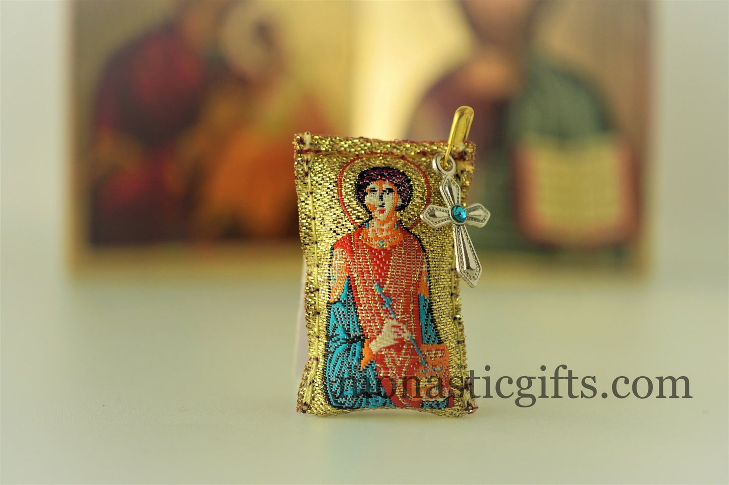 Orthodox Amulet Rectangular pendant with Saint Panteleimon the Great Martyr ,Filakto ,Filaxto Orthodoxer Glücksbringer