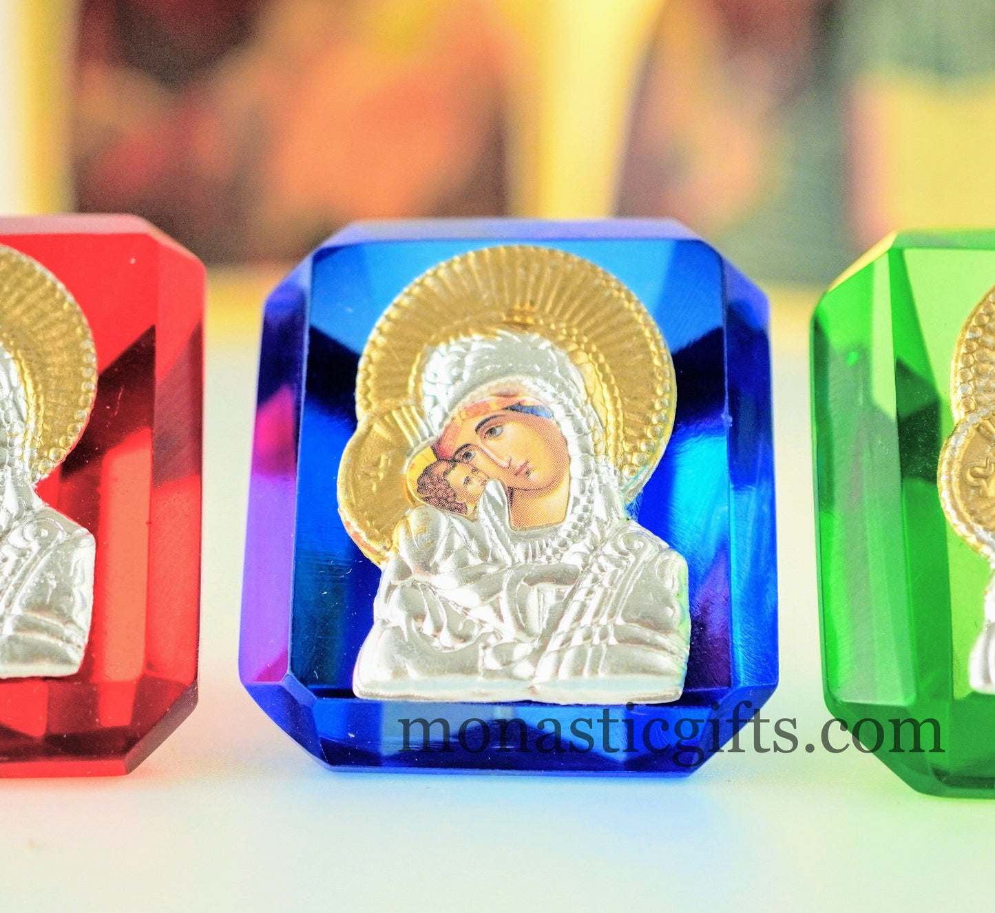 Virgin Mary Icon with Jesus  on small stained glass Religious Gifts, Baptism Gift, Religious Art, New Mother  Orthodox Christian Gift