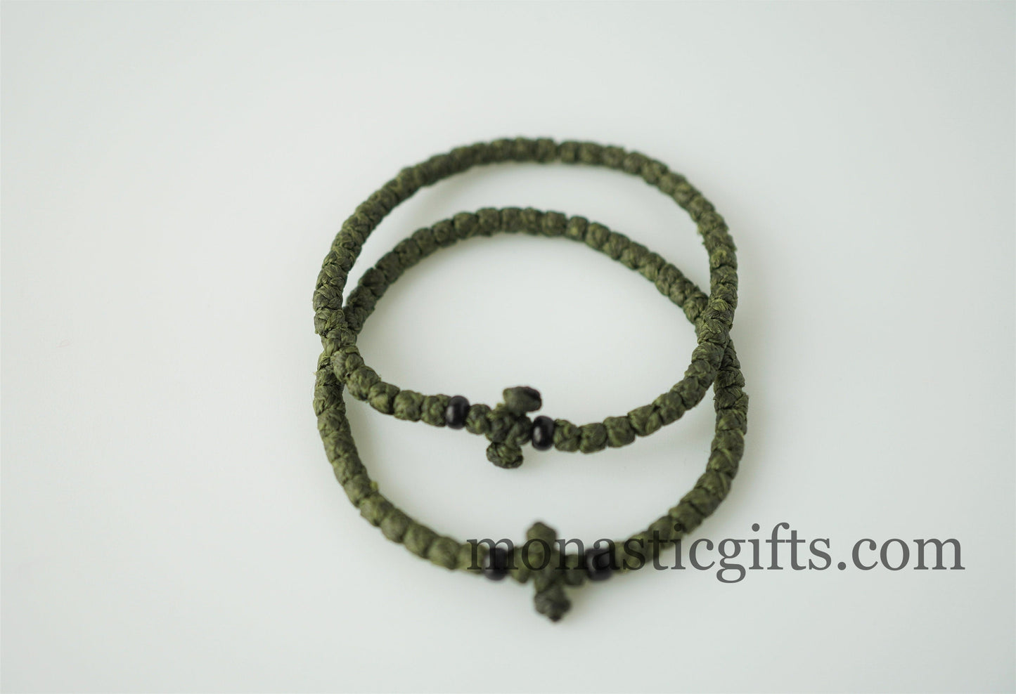 Handmade olive green and khaki waxed thread Orthodox komboskini prayer bracelet with cross beads.