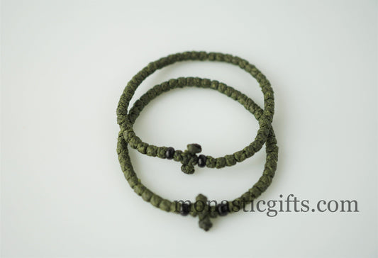 Handmade olive green and khaki waxed thread Orthodox komboskini prayer bracelet with cross beads.