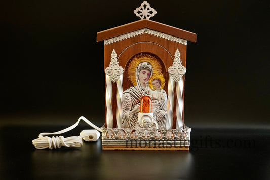 Traditional Handmate Wooden Brown (big) electric candle with icon and lightColored Silver Plated  Home Decor a perfect Christian  Gift