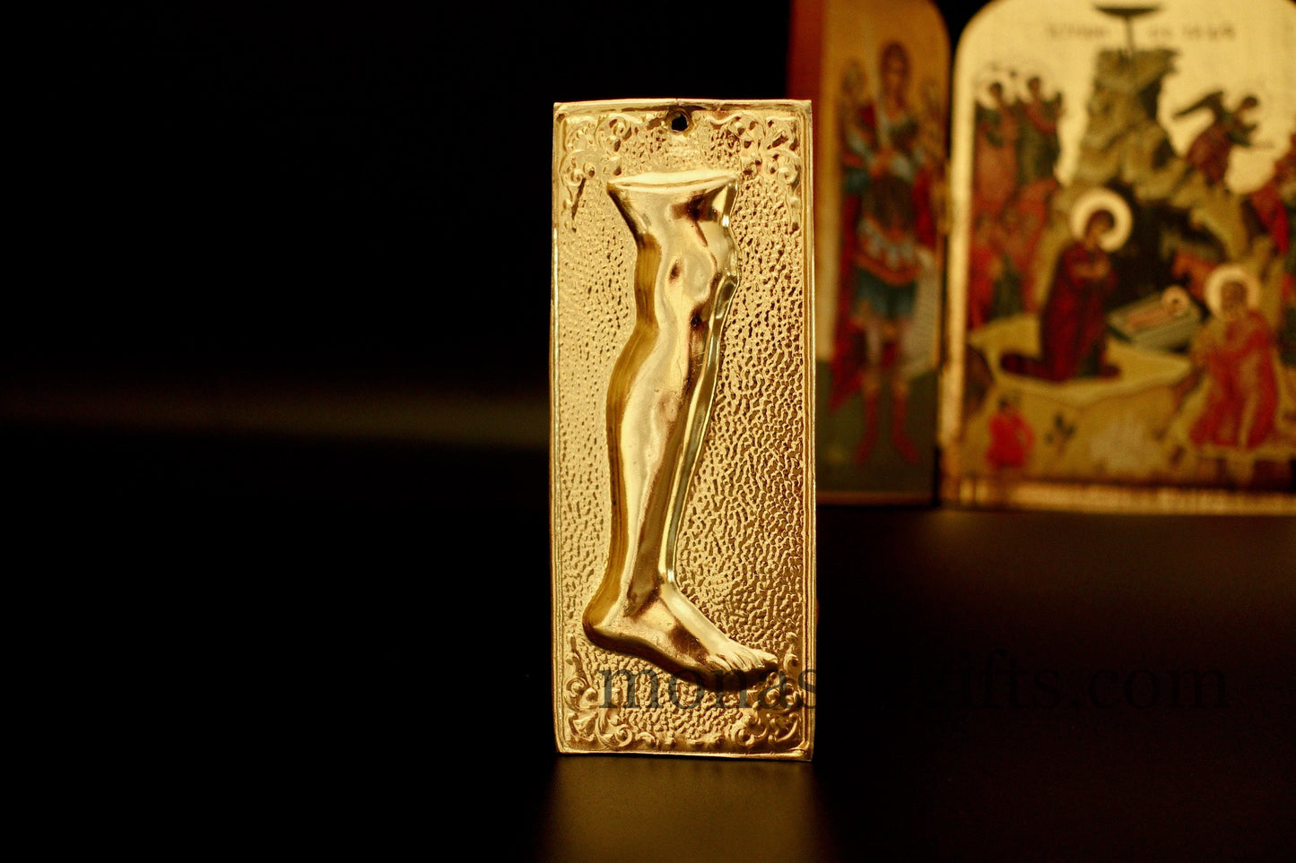 tama votive offering "Leg" votive colored gold, Byzantine Greek  Eastern Orthodox Promise Icon, Ex Voto