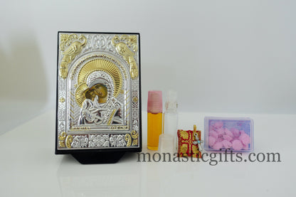 Orthodox Special Box with icon of Mother of God and Myrrh oil-incense -Charcoals-amulet-empty Glass for Holy water A perfect idea for Gift