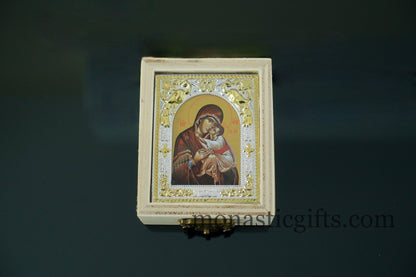 Wooden  Box with icon of Mother of God and Myrrh oil- amulet-empty Glass for Holy water And wooden Cross A perfect idea for Gift