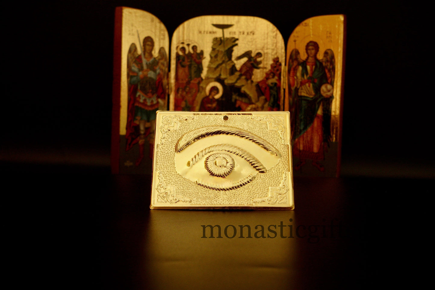 tama votive offering The Eye Gold Colored votive, Byzantine Greek Eastern Orthodox Promise Icon, Ex Voto