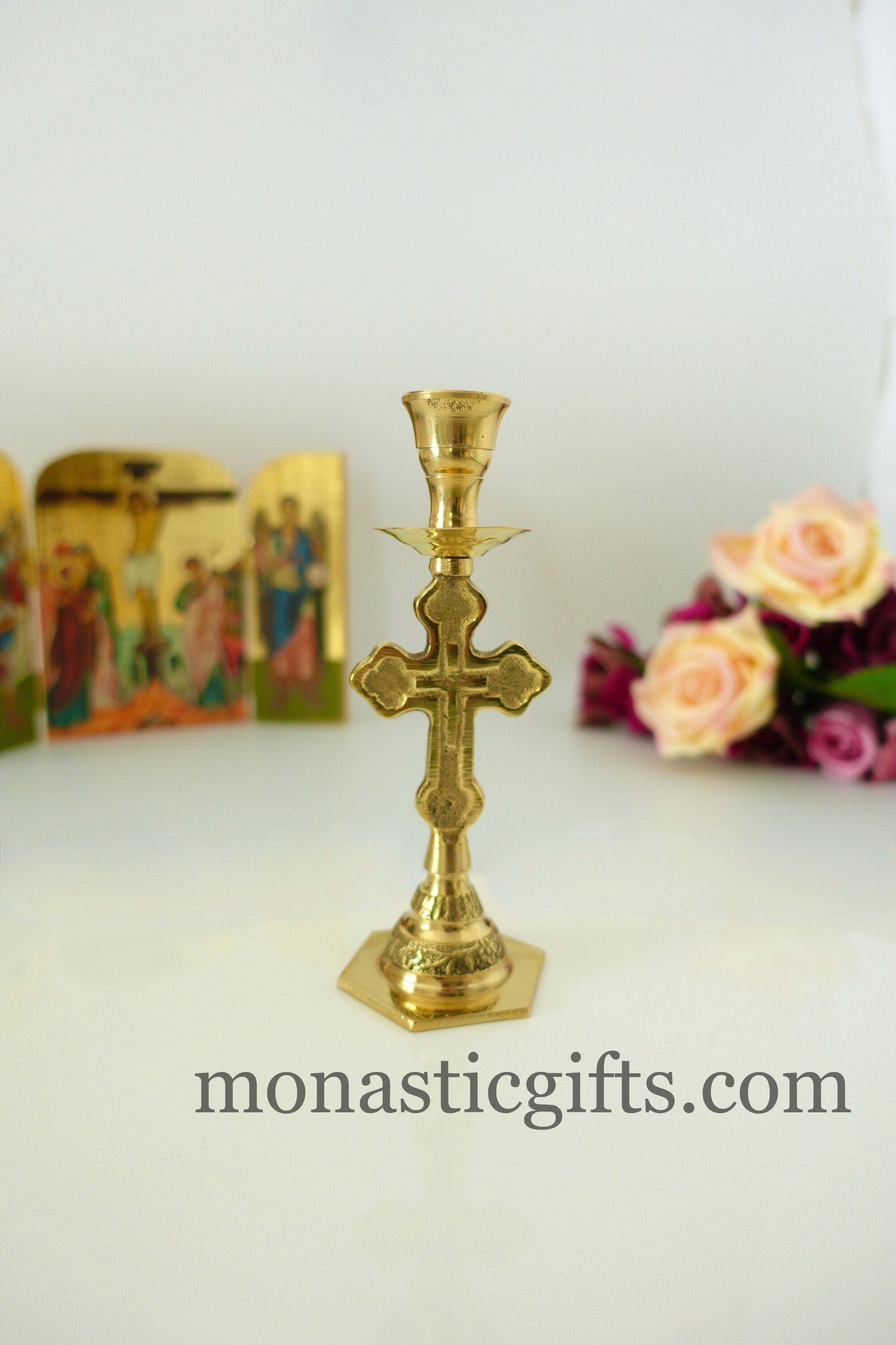 Brass Candlestick Candle Holder with cross Handmade 100% Authentic a perfect Christian  Gift