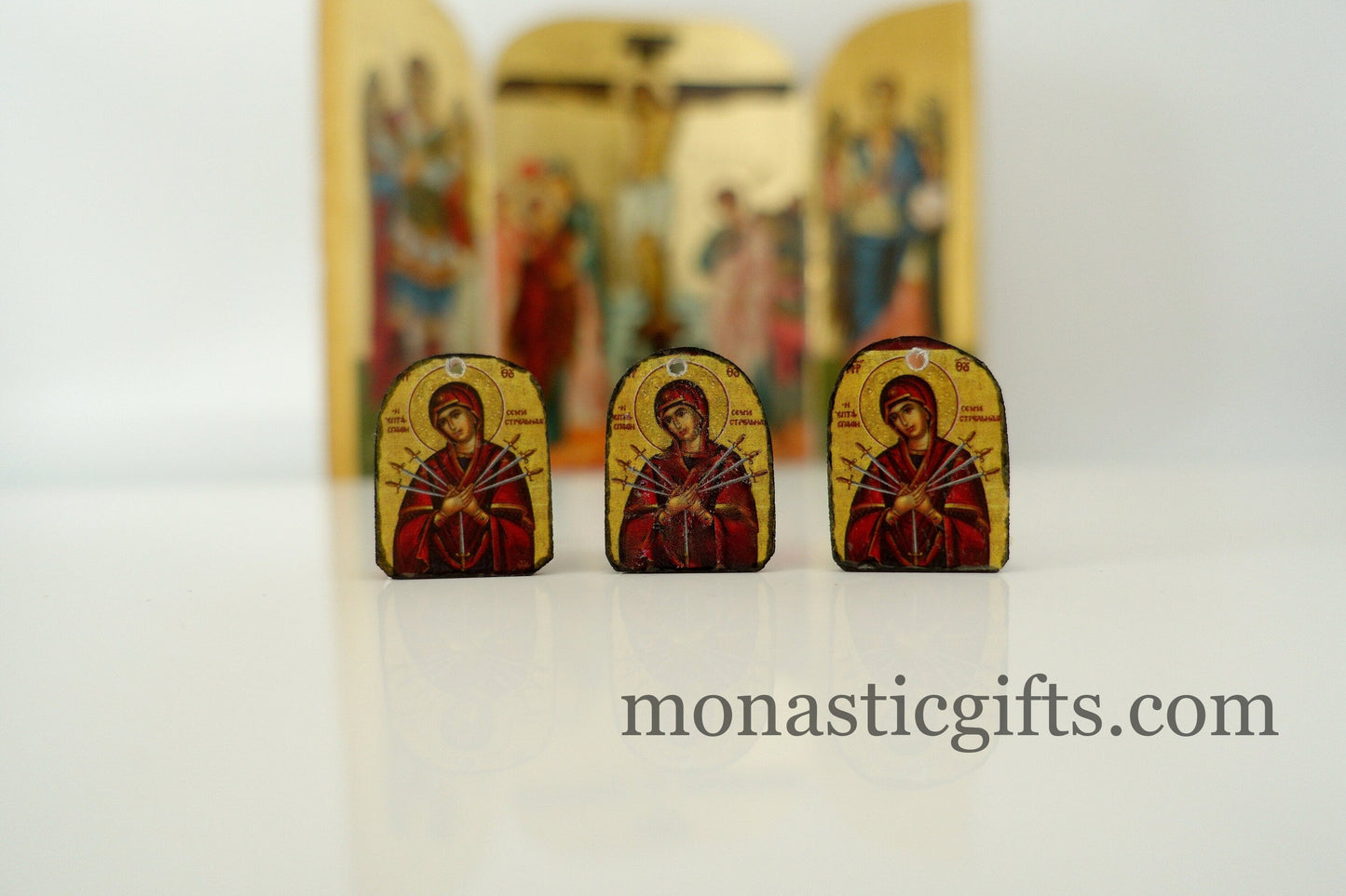 Tiny icon Virgin Mary Seven Swords 3pcs - Wood  Byzantine Christian  Tiny Orthodox Icon amazing idea to make orthodox Christians gifts