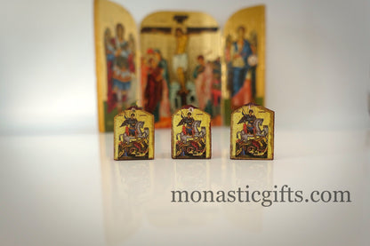 Tiny icon Saint George 3pcs - Wood  Byzantine Christian  Tiny Orthodox Icon amazing idea to make orthodox Christians gifts