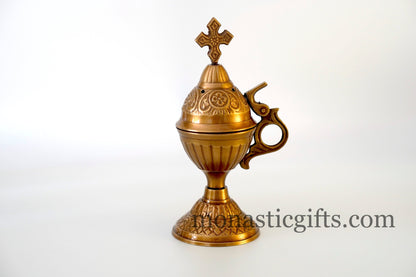 Carved antique brass home censer, Handmade Burner with handle Christian Artefact With free Gifts