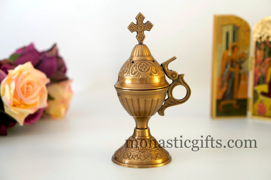 Carved antique brass home censer, Handmade Burner with handle Christian Artefact With free Gifts