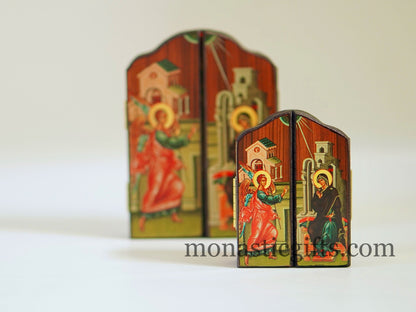 Triptych wooden Icon of Jesus Christ With  Saint Ioannis  and the Holy Theotokos , Greek Orthodox Icon