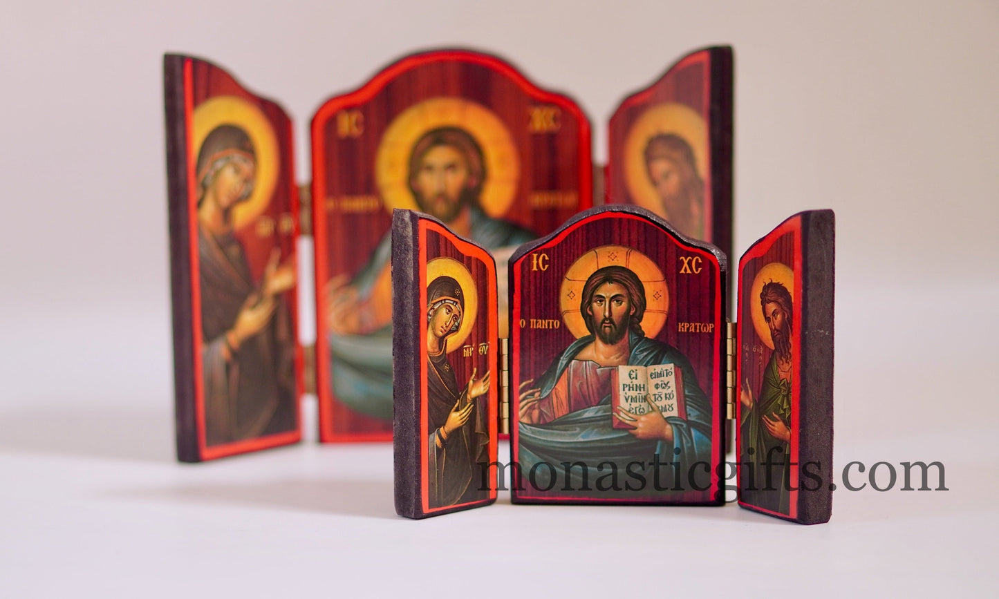 Triptych wooden Icon of Jesus Christ With  Saint Ioannis  and the Holy Theotokos , Greek Orthodox Icon