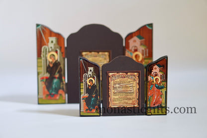 Triptych wooden Icon of Holy Theotokos and with many themes of Byzantine icons , Greek Orthodox Icon