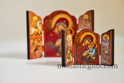 Triptych wooden Icon of Holy Theotokos and with many themes of Byzantine icons , Greek Orthodox Icon