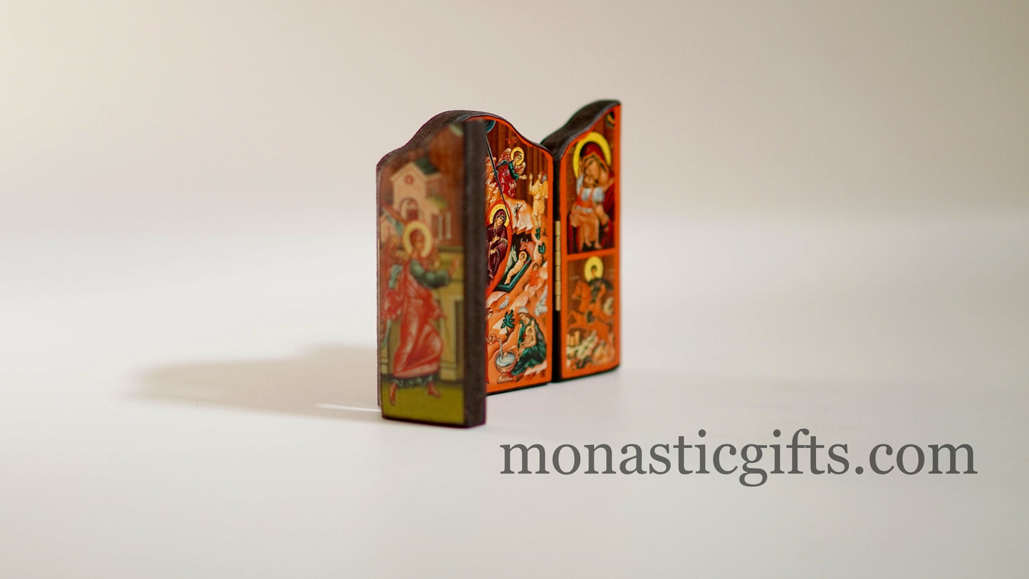 Triptych wooden Icon with  the Birth of Christ Holy Theotokos  and with many themes of Byzantine icons , Greek Orthodox Icon