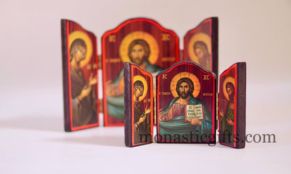 Triptych wooden Icon of Jesus Christ With  Saint Ioannis  and the Holy Theotokos , Greek Orthodox Icon