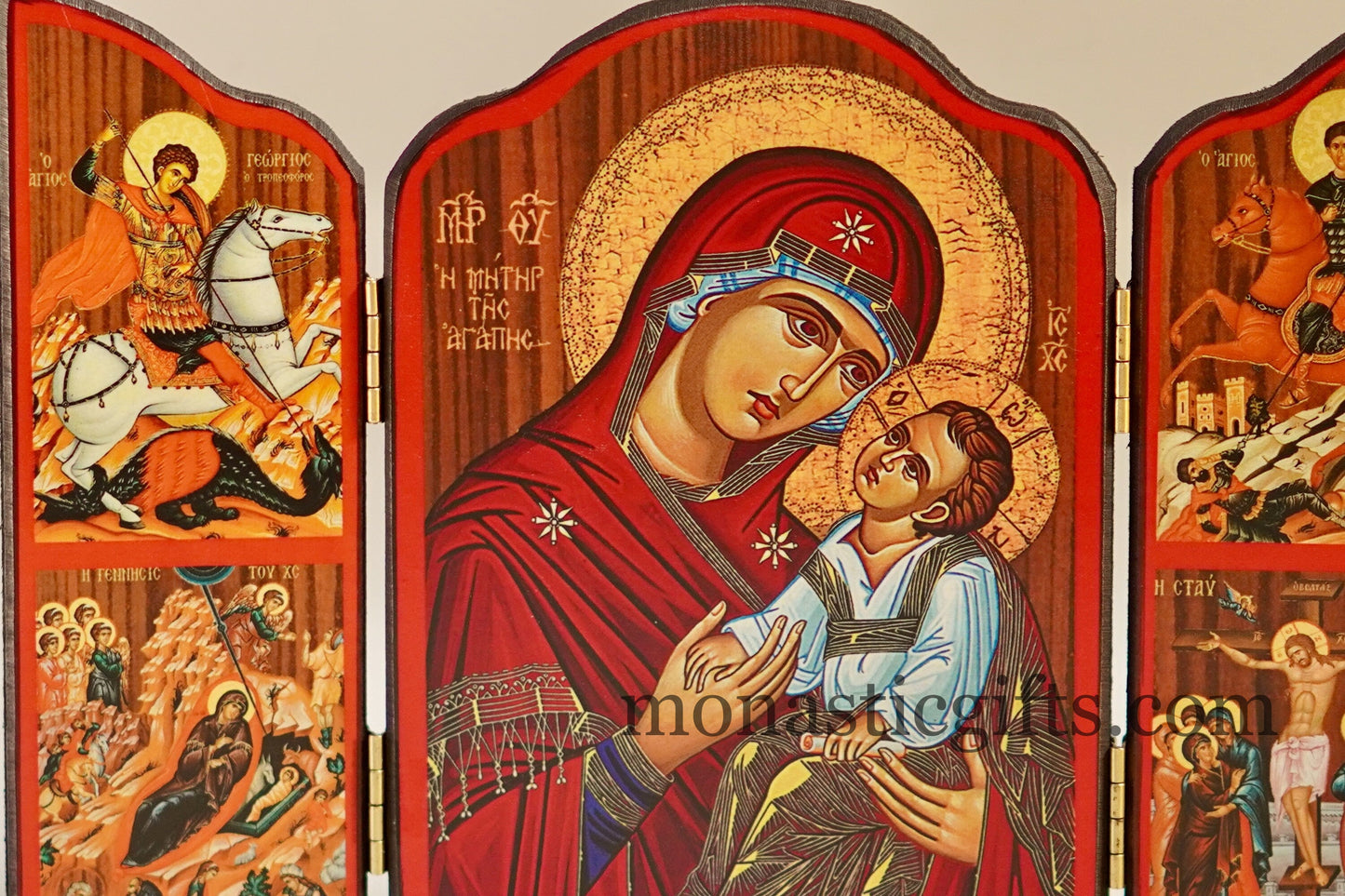 Triptych wooden Icon of Holy Theotokos and with many themes of Byzantine icons , Greek Orthodox Icon