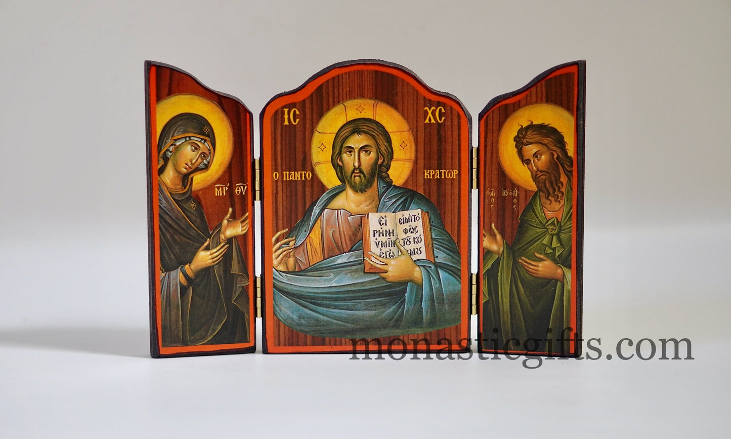 Triptych wooden Icon of Jesus Christ With  Saint Ioannis  and the Holy Theotokos , Greek Orthodox Icon