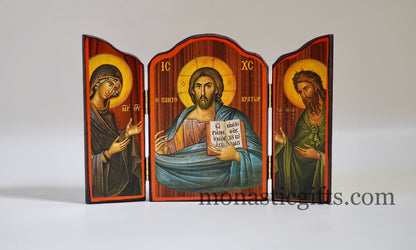 Triptych wooden Icon of Jesus Christ With  Saint Ioannis  and the Holy Theotokos , Greek Orthodox Icon