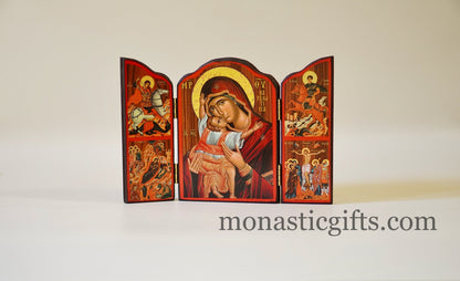 Triptych wooden Icon of Holy Theotokos (ΚΑΡΔΙΩΤΙCCA) and with many themes of Byzantine icons , Greek Orthodox Icon